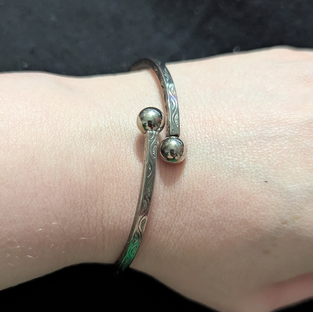 Silver Tone Engraved Ball End Bangle Statement Bracelet